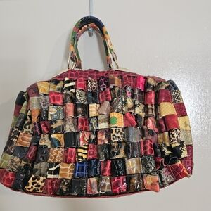 Colorful Patchwork Croc-Embossed Top-Handle Tote